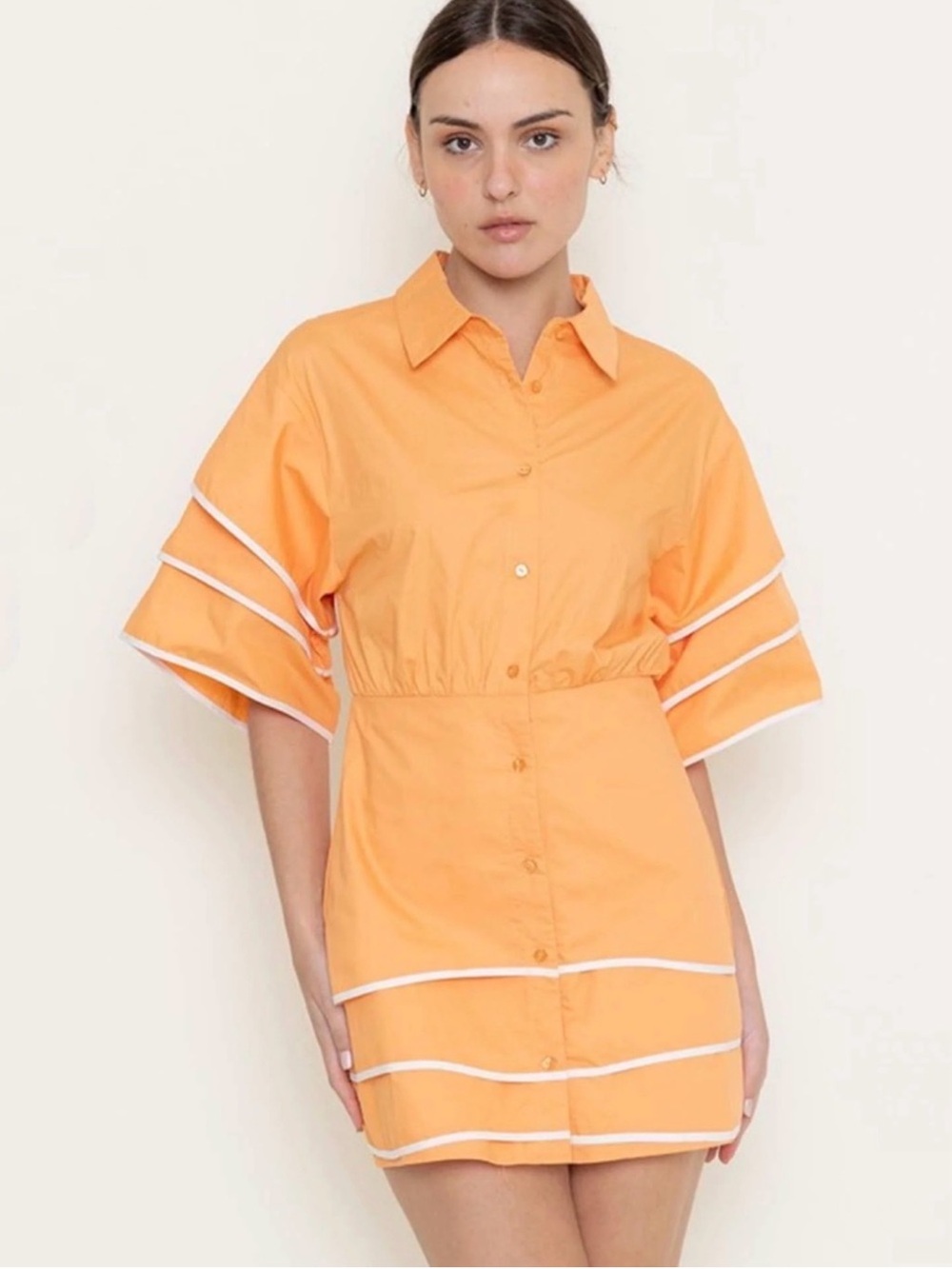 Short Orange Button-Front Mini Dress with White Trim